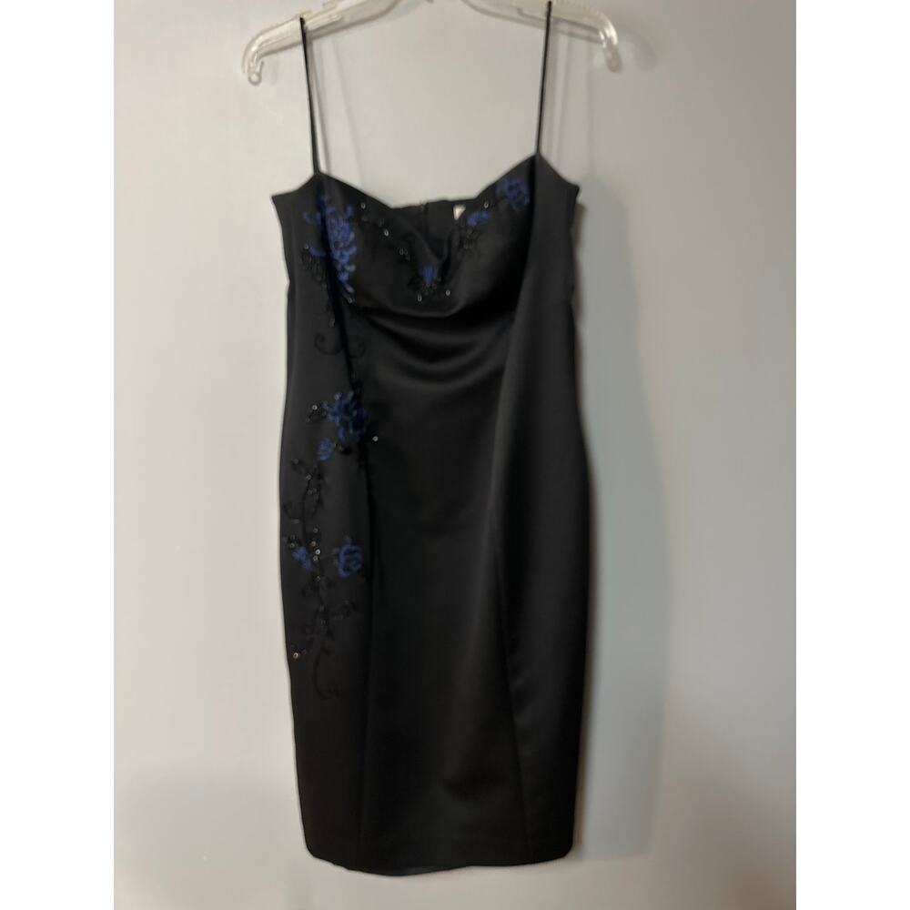 Black Satin Slip Dress Beaded Blue Floral Embroidery Spaghetti Strap  Size 12